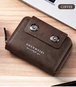 Herren Vintage braune Ledergeldbörse mit doppelter Magnet schnalle und Reißverschluss für Karten.