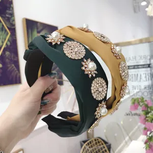 Korean Style Elegant Wide Braided Headband With Artificial Pearl Rhinestone Flower Decoration Fabric Hair Band For Women