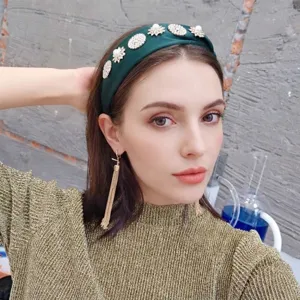 Elegant dark green wide satin headband with exquisite pearls and rhinestones for women