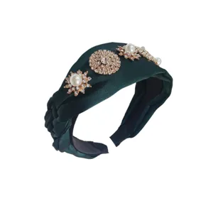 Elegant dark green padded headband with pearls and sparkling rhinestones for women