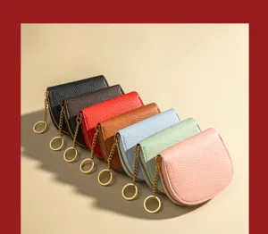 Detailed view of the multi-color accordion card holder featuring zipper and keychain ring.