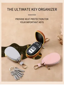 Universal leather car key case organizer with zipper and hook for men and women daily use.