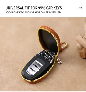Detailed view of the universal leather car key case with secure zipper closure and holder.