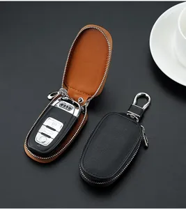 leather car key case zipper key holder organizer with metal hook and key ring pouch