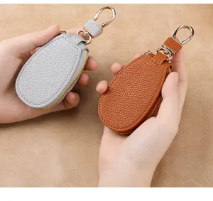 Mini leather car key bag, universal zipper key case with metal hook for men and women travel