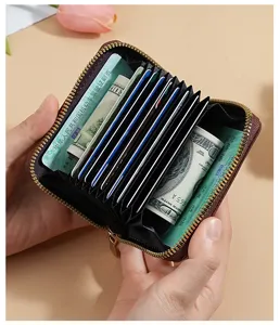 Portacarte a fisarmonica in pelle marrone con zip, portafoglio compatto per carte e contanti.