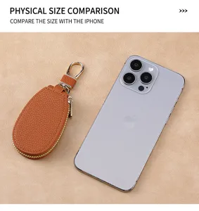 Mini leather car key case with zipper and hook, portable compact storage pouch for daily use.