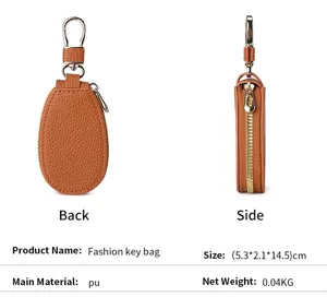 Brown PU leather car key bag with metal hook and zipper, compact and portable design.