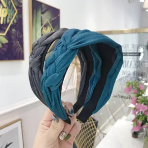 Stylish handmade braided fabric headband set in grey and peacock blue colors for women