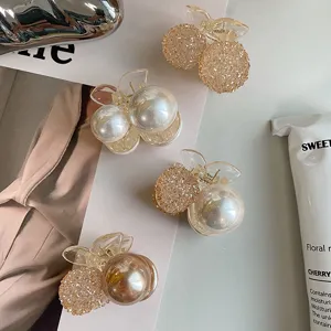Korean Style Mini Cherry Hair Claw Clips For Women Elegant Artificial Pearl Rhinestone Small Hair Clips Sweet Bangs Clip High Ponytail Accessories