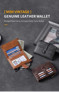 Portafoglio corto in vera pelle vintage da uomo con scomparti per carte e portamonete.