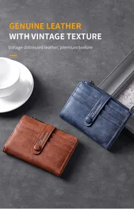 Portafoglio corto vintage in vera pelle da uomo con scomparti carte e tasca zip.