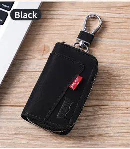 Porte-clés de voiture en cuir noir pour homme pochette zippée avec crochet métallique.