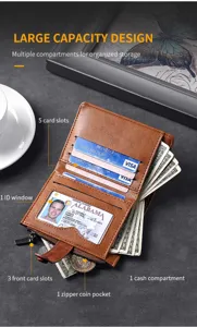 Portafoglio corto vintage da uomo con scomparti per carte multiple e tasca portamonete con zip.