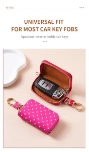 Rosa gepunktete Leder Autoschlüssel Tasche mit Reißverschluss und Metallhaken für alle Fobs.