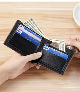 Portafoglio corto da uomo in pelle nera porta carte minimalista con cerniera