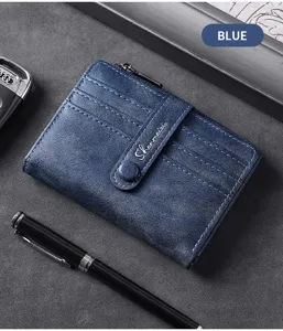 Portafoglio corto rétro da uomo blu porta carte monete multi-scomparto in ecopelle