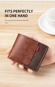 Primo piano dettagliato di un elegante portafoglio bifold marrone in vera pelle morbida.