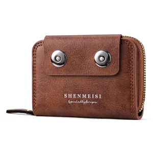 Retro braunes Herren Kartenetui Portemonnaie mit doppelten Magnetdruckknöpfen und Reißverschluss.