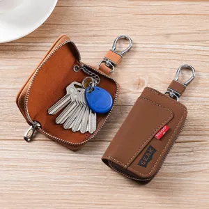 Étui porte-clés en cuir pour homme fermeture éclair pochette de ceinture marron