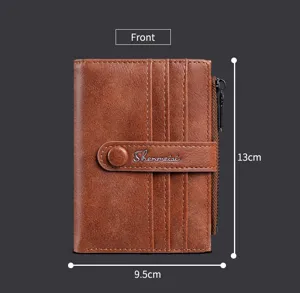 Portafoglio corto marrone retro da uomo porta monete vista dettaglio design compatto.