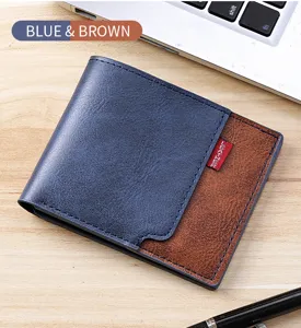 Portafoglio corto uomo blu marrone bicolore ecopelle affari casual compatto portacarte portafogli