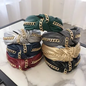 Punk style PU leather knotted headbands with gold chain detail in assorted colors