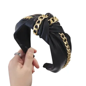 Punk style PU leather wide headband with gold chain decoration and knotted design