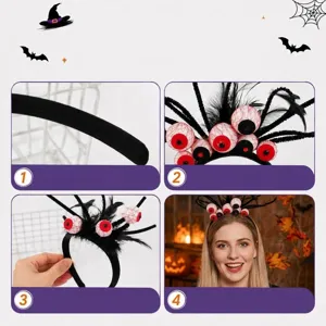 Detail view of Halloween headband with red eyeballs, black feathers and soft velvet wrap.