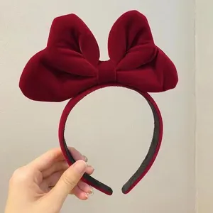 Retro high cranial top red velvet oversized bow headband for Christmas and New Year