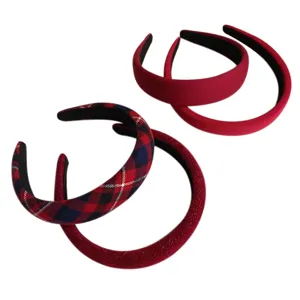 Set of four red festive headbands featuring plaid and glitter designs for hair styling