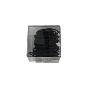 Basic set of black elastic hair ties stored in a transparent square plastic box