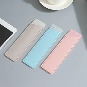 Minimalist leather pen sleeve set in grey blue pink, sleek bookmark pen pouch for business.