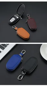 Leather car key case with zipper and metal hook, universal auto key holder organizer bag.