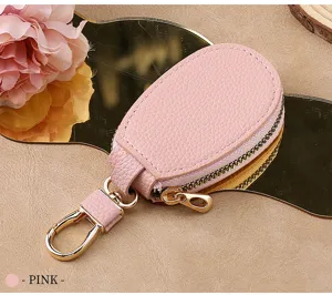Pink leather car key case with zipper and keychain ring for daily portable mini storage pouch.