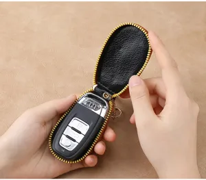 Leather car key case zipper pouch universal mini key holder for men and women travel daily use