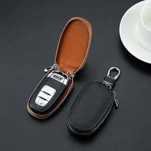 Leather car key case portable zipper storage bag with metal hook and ring keyring holder