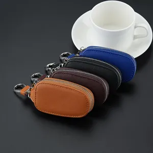 Leather car key case multi-color zippered key holder organizer with metal ring hook