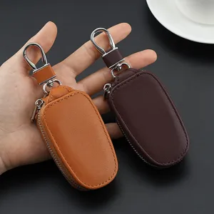 Fashion leather car key case with zipper and metal hook, unisex portable key organizer pouch.