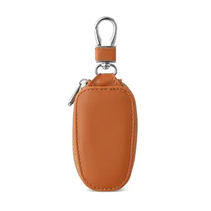 Brown leather car key case unisex minimalist zipper pouch with metal hook keychain