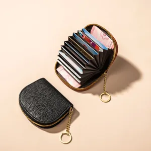 Black leather accordion card holder, half round coin purse with zipper and keychain