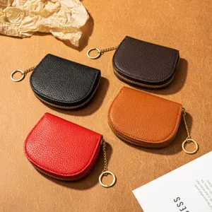 Mini leather shell coin purse with key ring, cute half-round card holder zip wallet