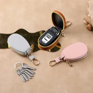 Mini leather car key case zipper pouch with metal hook portable multi-color key holder bag
