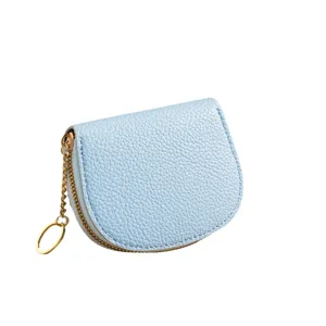 Light blue leather shell coin purse with gold zipper and keychain ring, mini card holder wallet.