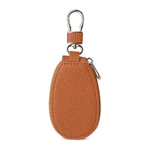 Brown leather car key case with zipper and metal hook, minimalist portable key wallet main view