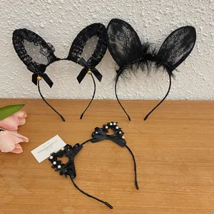 Set of black lace rabbit and pearl cat ear headbands for Halloween Cosplay costumes