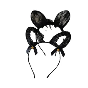 Halloween black lace cat ear headband with bows and gold bells for cosplay