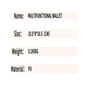 Detailed specification card for multifunctional PU wallet, showing size and material info.