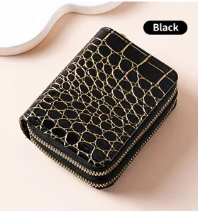 Portacarte doppio zip da donna in pelle nera con motivo pietra portamonete elegante