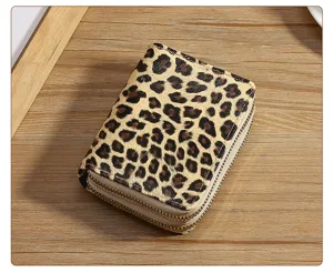 Leopard print double zipper card holder and coin purse, compact design for daily use.